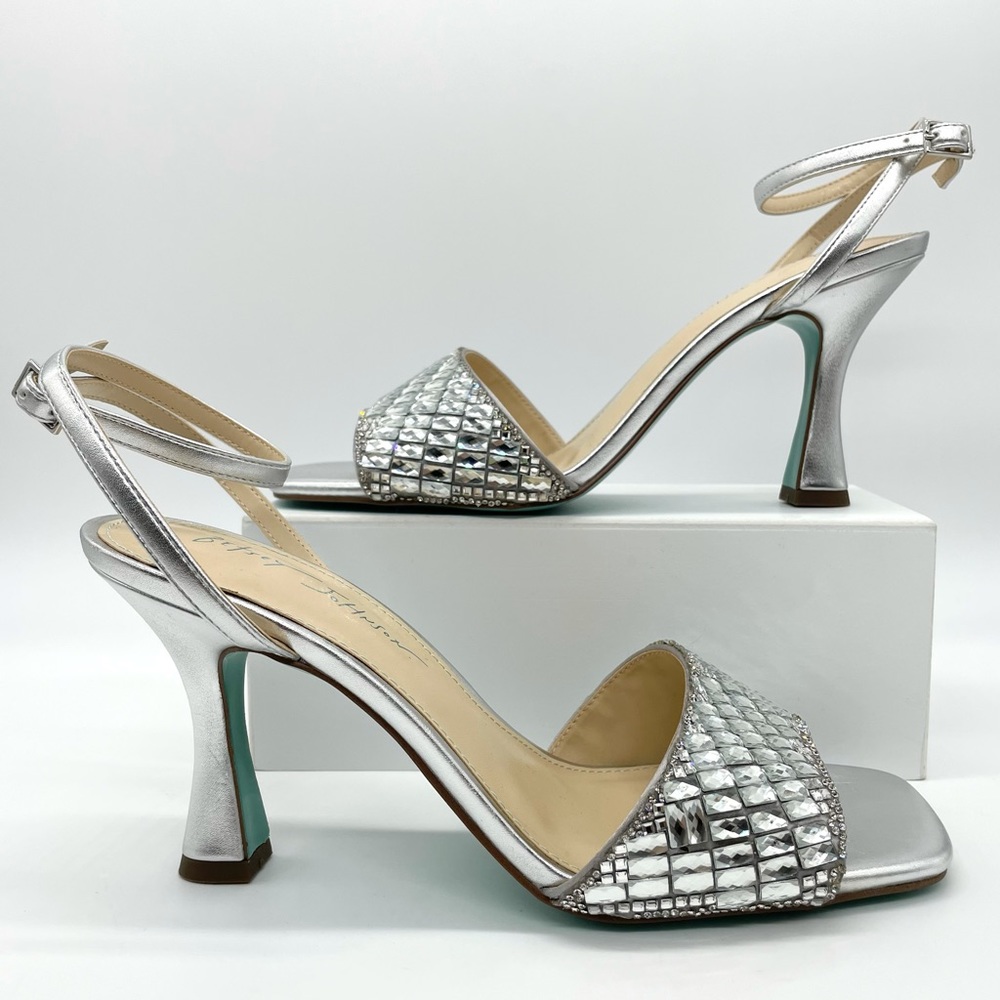 Betsey Johnson Silver Rhinestone Heels Glam Strappy Sandals, Metallic Party 9